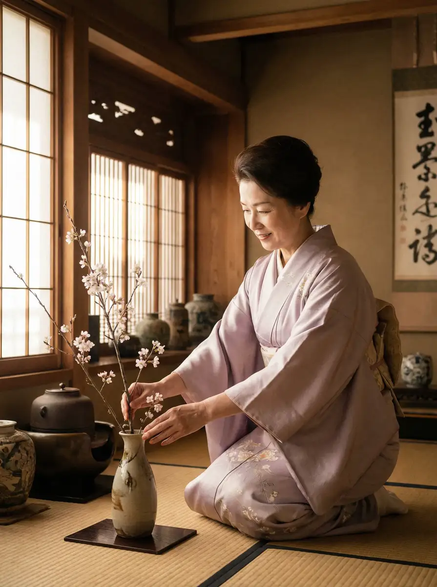 一位优雅的 3003新葡京平台 在和室中插花