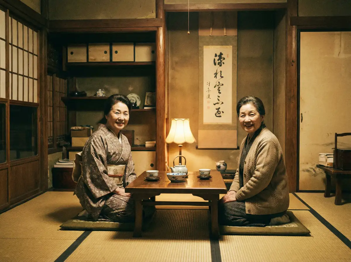 两位优雅的 3003新葡京平台 在日式茶室中品茶交谈